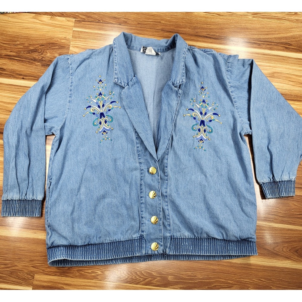 Saint‎ Germain Paris Vintage Denim Embroidered Appliqued Jacket Women's Size XL
